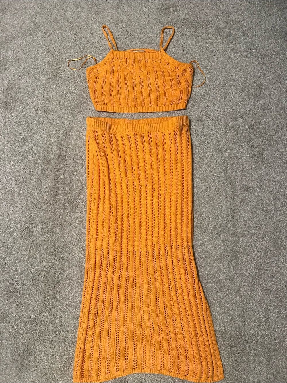 Freshman 1996 Orange Open Knit Two Piece Maxi Skirt Set Size Large EUC